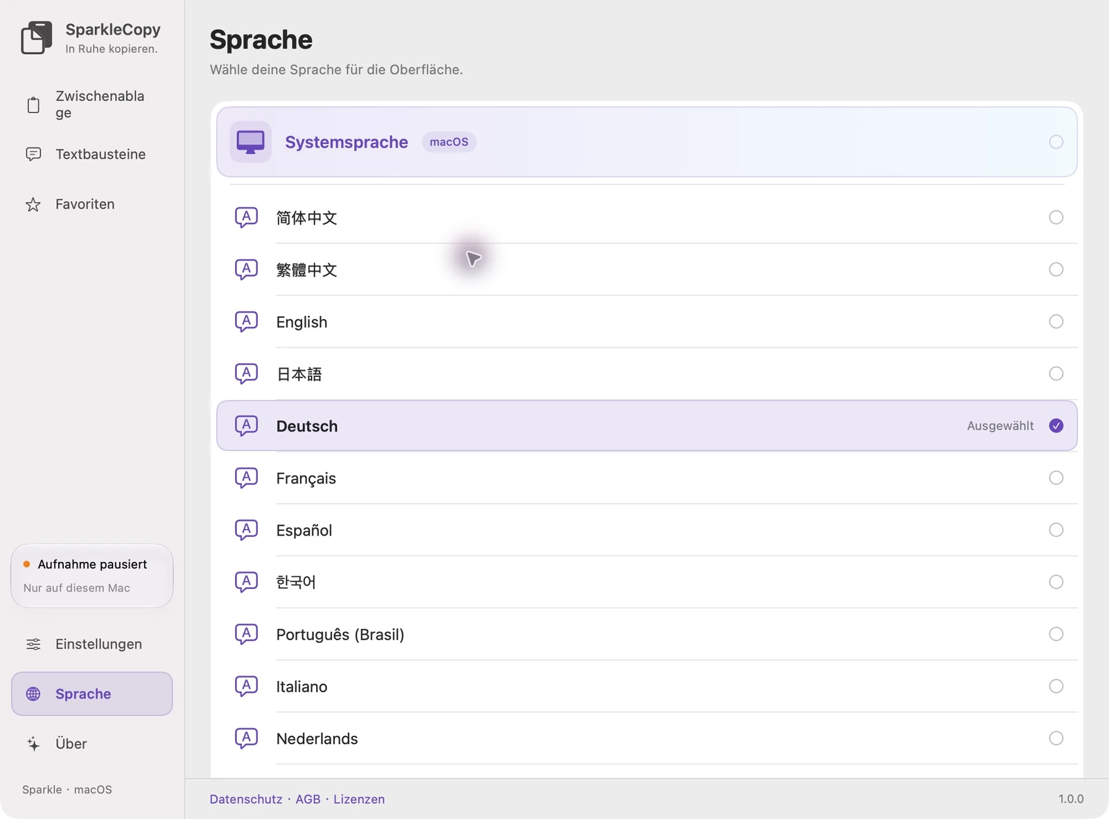 Tatsächliche SparkleCopy-Spracheinstellungen mit Follow System und 12 Schnittstellensprachenoptionen