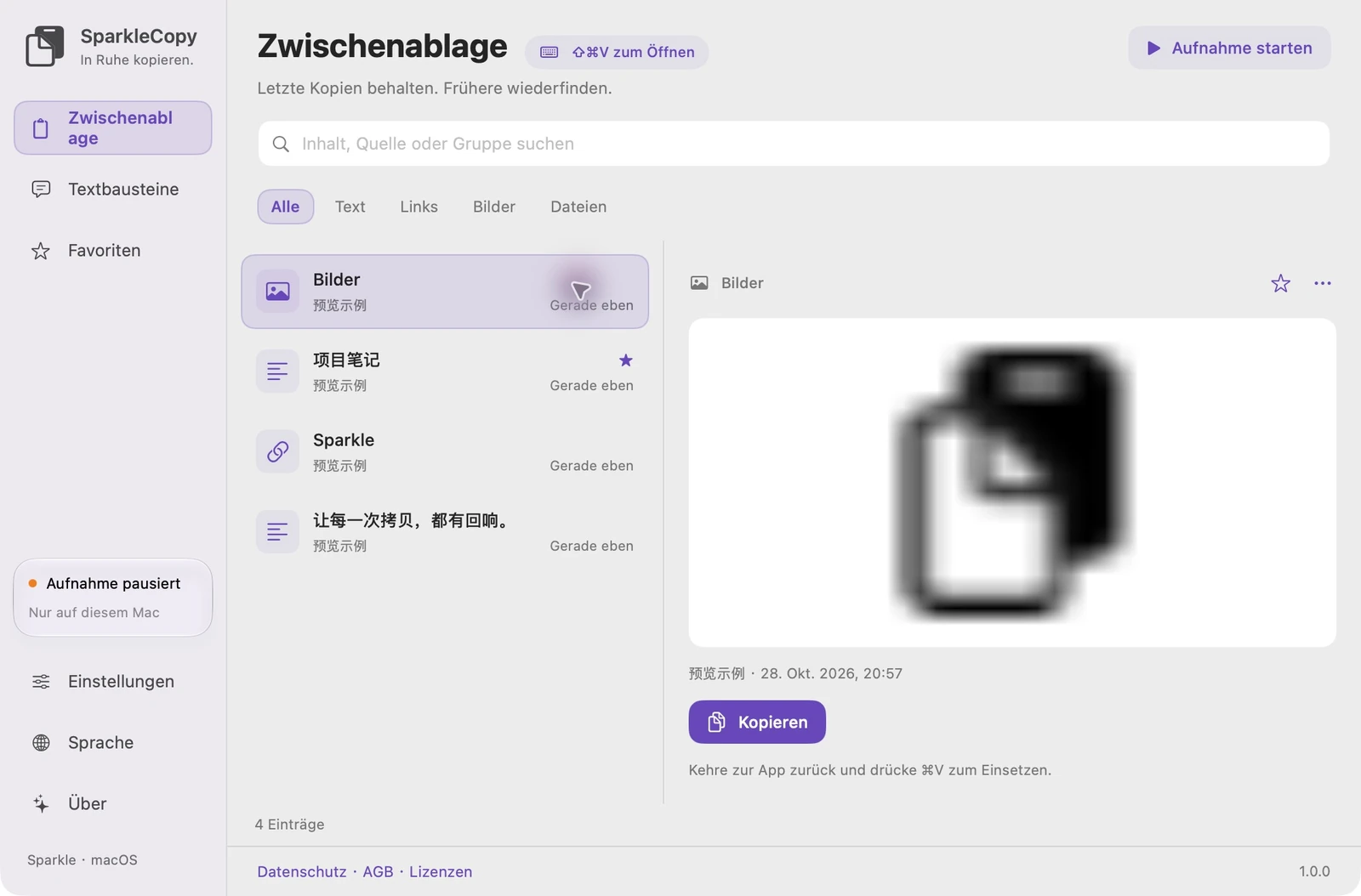 Tatsächlicher SparkleCopy-Zwischenablagebereich mit Demonstrationseinträgen, Typfilter, Suche und Vorschau