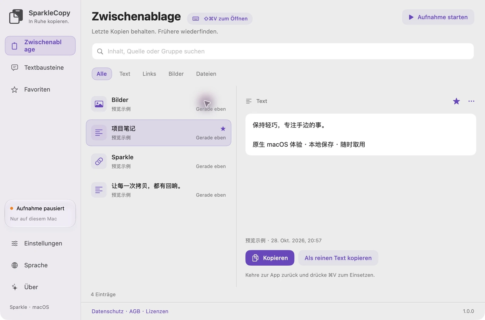 Tatsächlicher SparkleCopy-Verlauf und Vorschau mit nicht privatem Demonstrationstext und Links