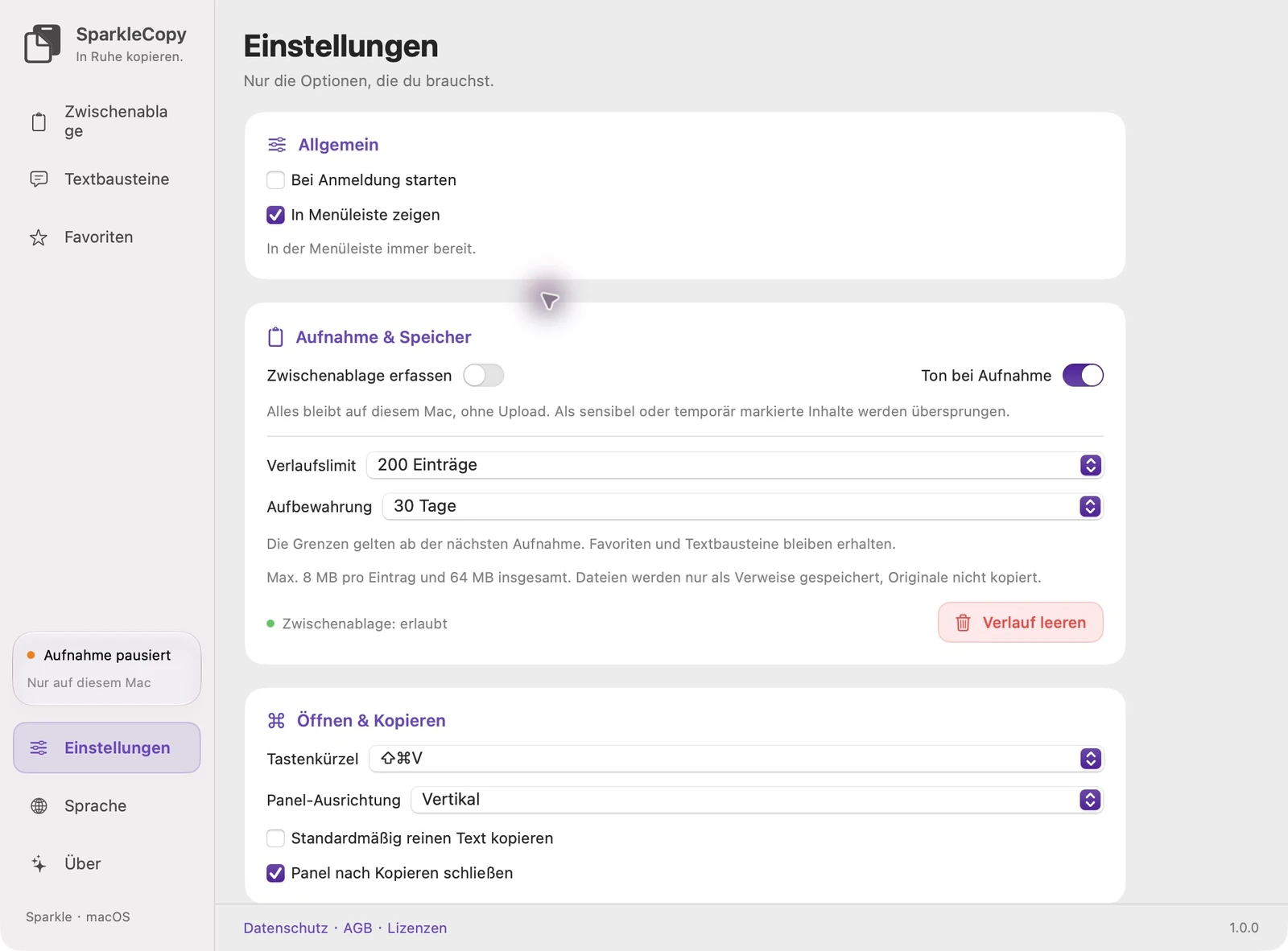 Tatsächlicher Einstellungsbereich der SparkleCopy-App mit Zugriffsstatus, Aufzeichnungsschalter und Steuerelementen für die Aufbewahrung des Verlaufs