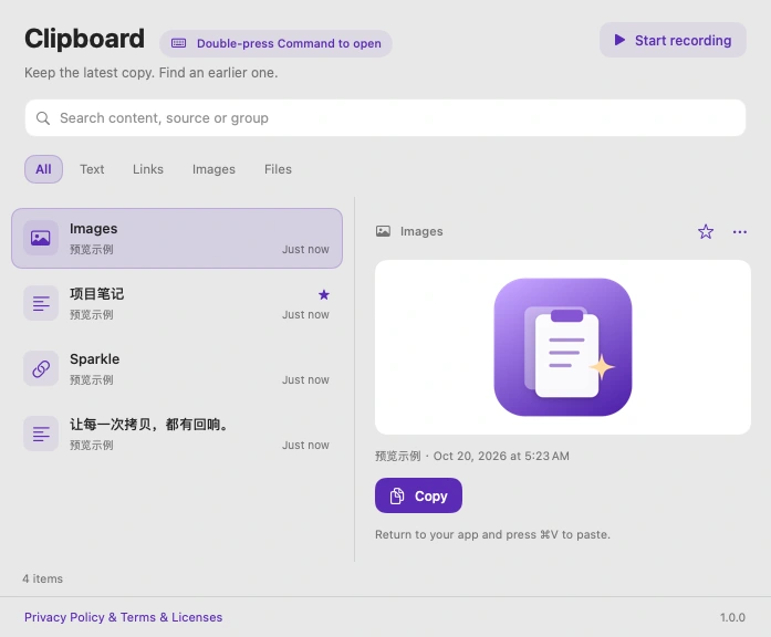 Actual English SparkleCopy clipboard content area with demonstration records and preview