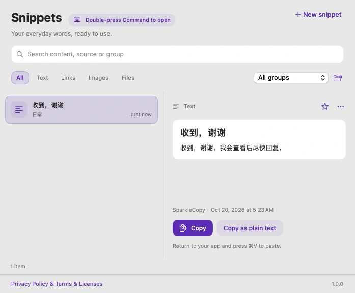 Actual English SparkleCopy snippet content area and groups