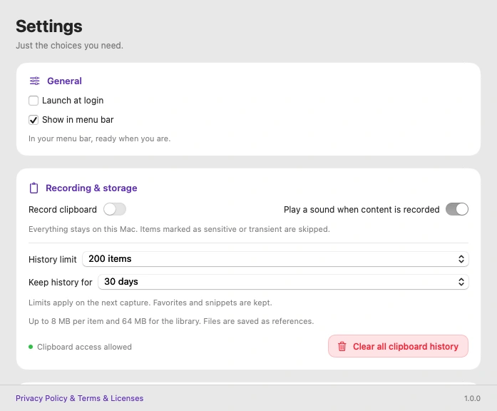 Actual English SparkleCopy preferences content area with recording and retention controls
