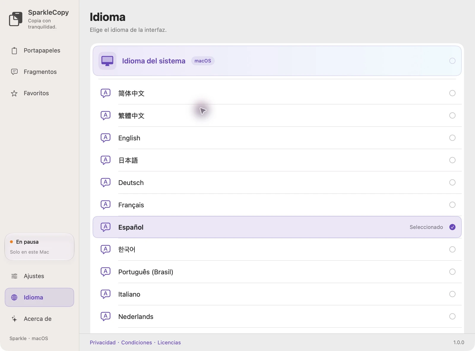 Configuración real de idioma de SparkleCopy con Follow System y 12 opciones de idioma de interfaz