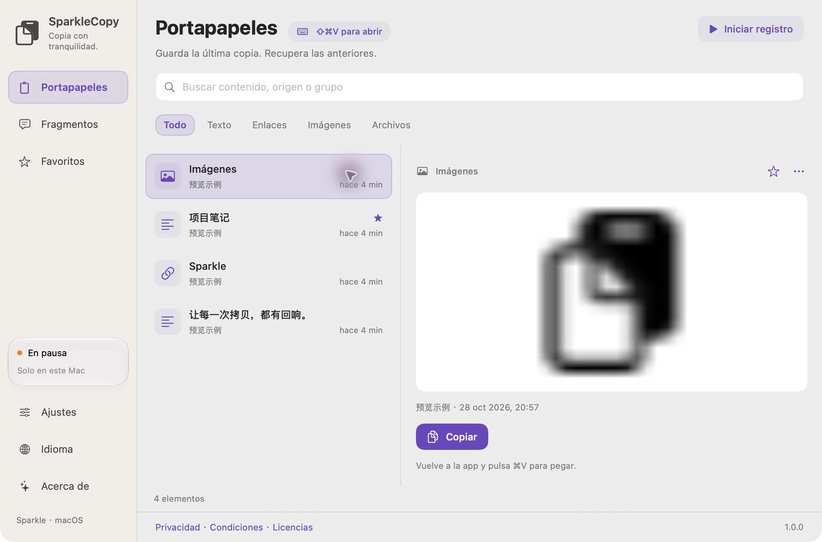 Área real del portapapeles de SparkleCopy con entradas de demostración, filtro de tipo, búsqueda y vista previa