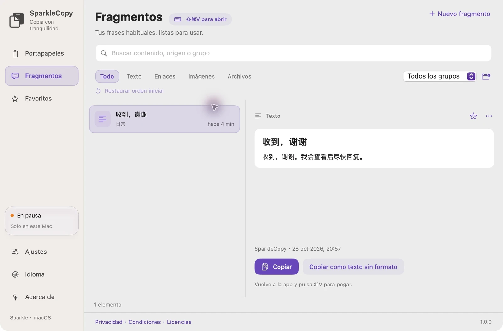 Área de fragmentos reales de SparkleCopy con entradas de demostración, selección de grupos y vista previa de elementos