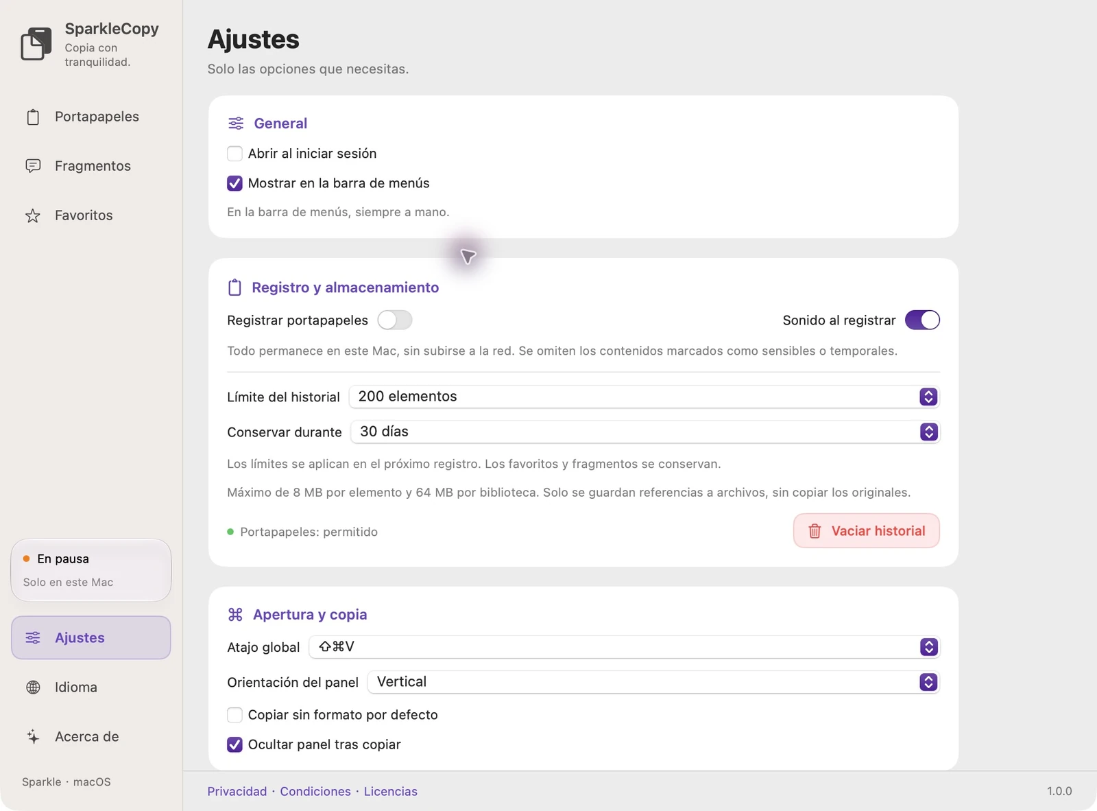Área de configuración real de la aplicación SparkleCopy con estado de acceso, cambio de registro y controles de retención del historial