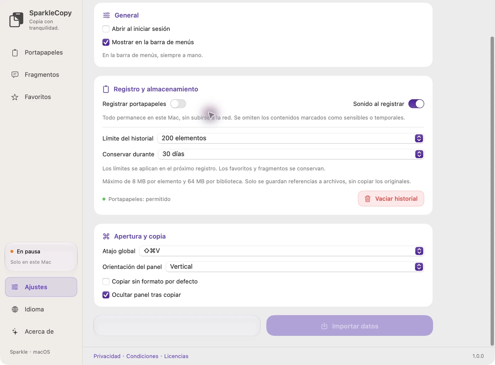 Configuración real de SparkleCopy en español con botones Exportar datos e Importar datos, utilizando datos de demostración aislados