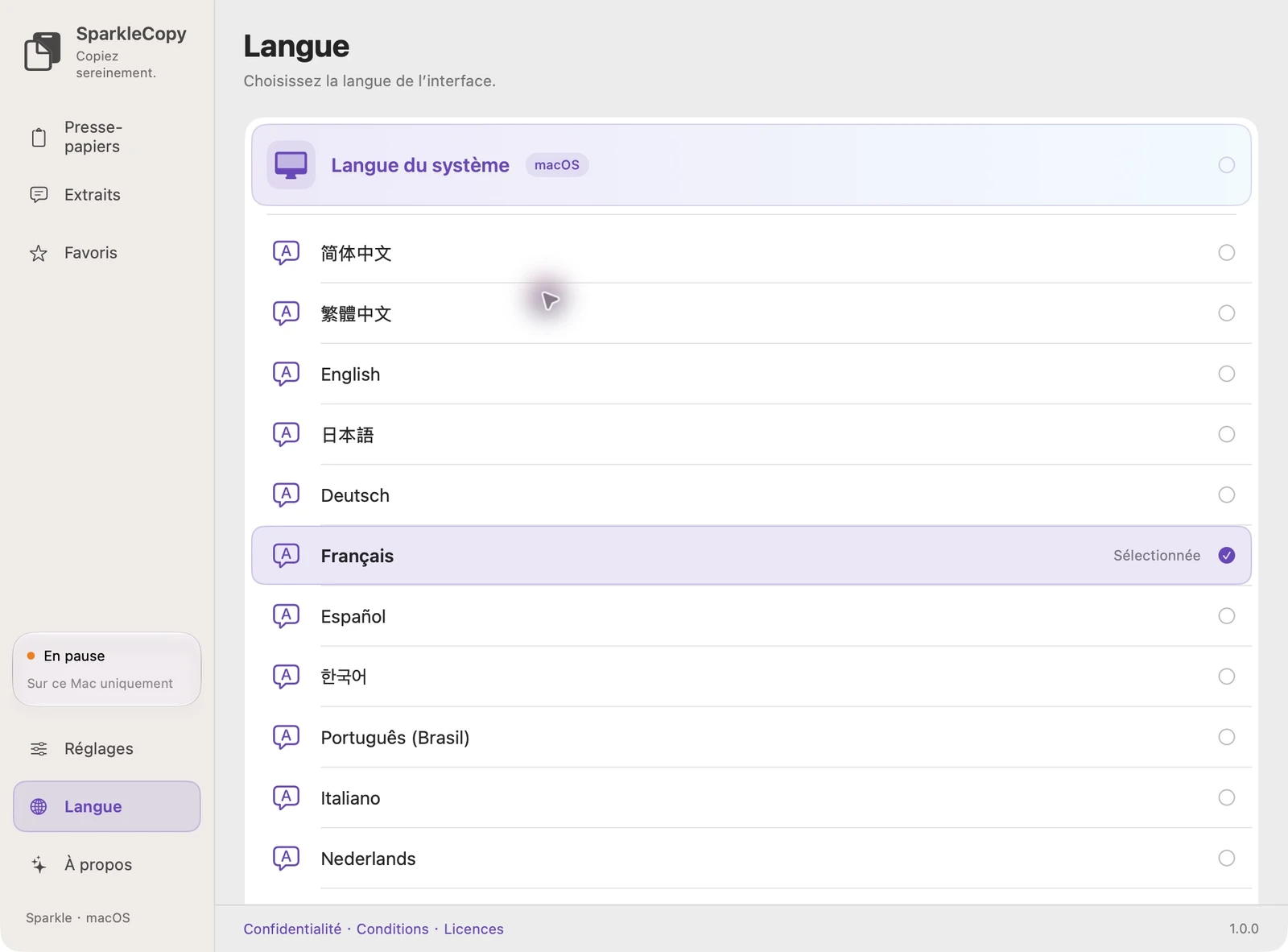 Paramètres de langue SparkleCopy réels avec système de suivi et 12 options de langue d'interface