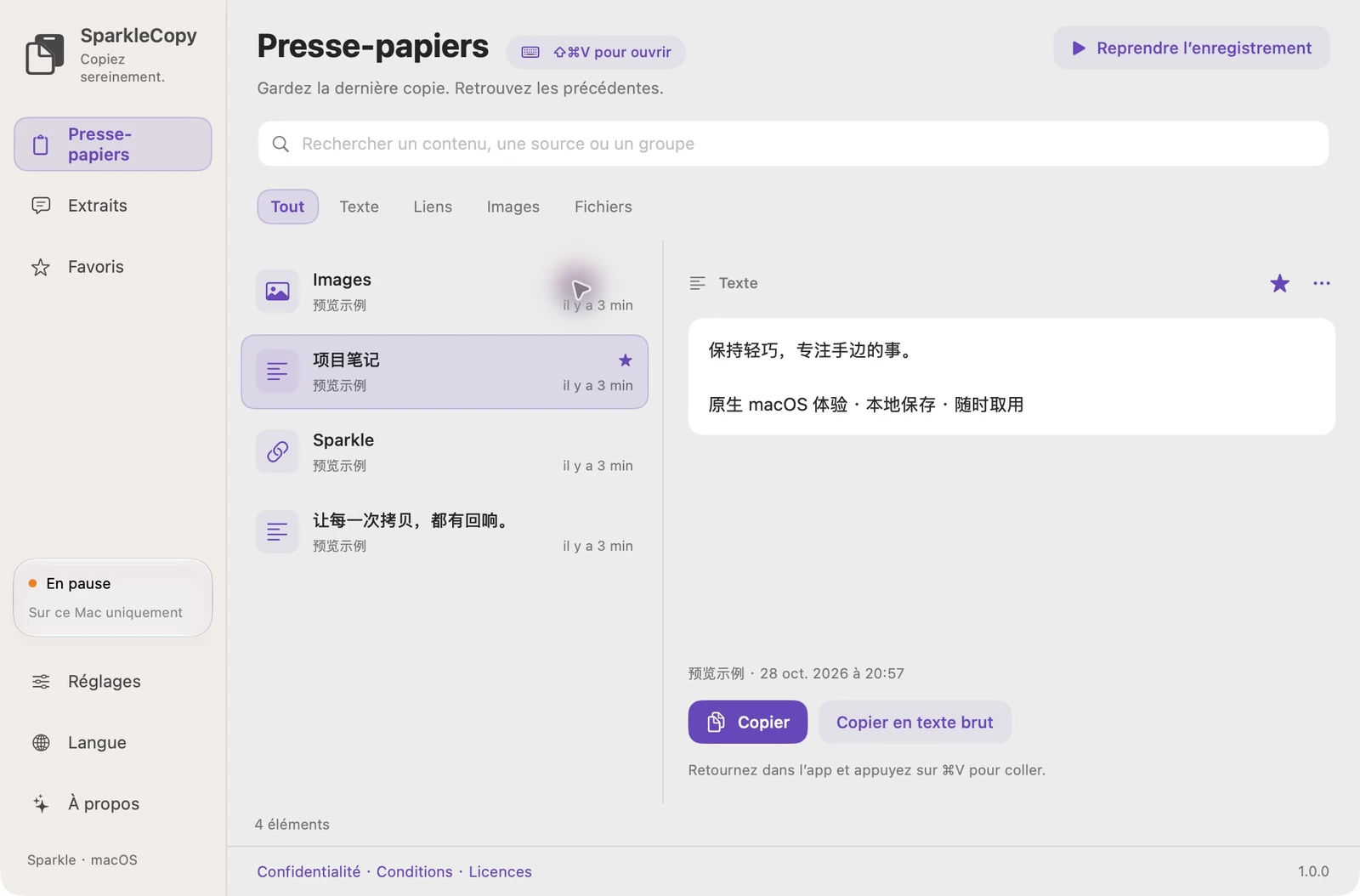 Historique et aperçu réels de SparkleCopy à l'aide de textes et de liens de démonstration non privés