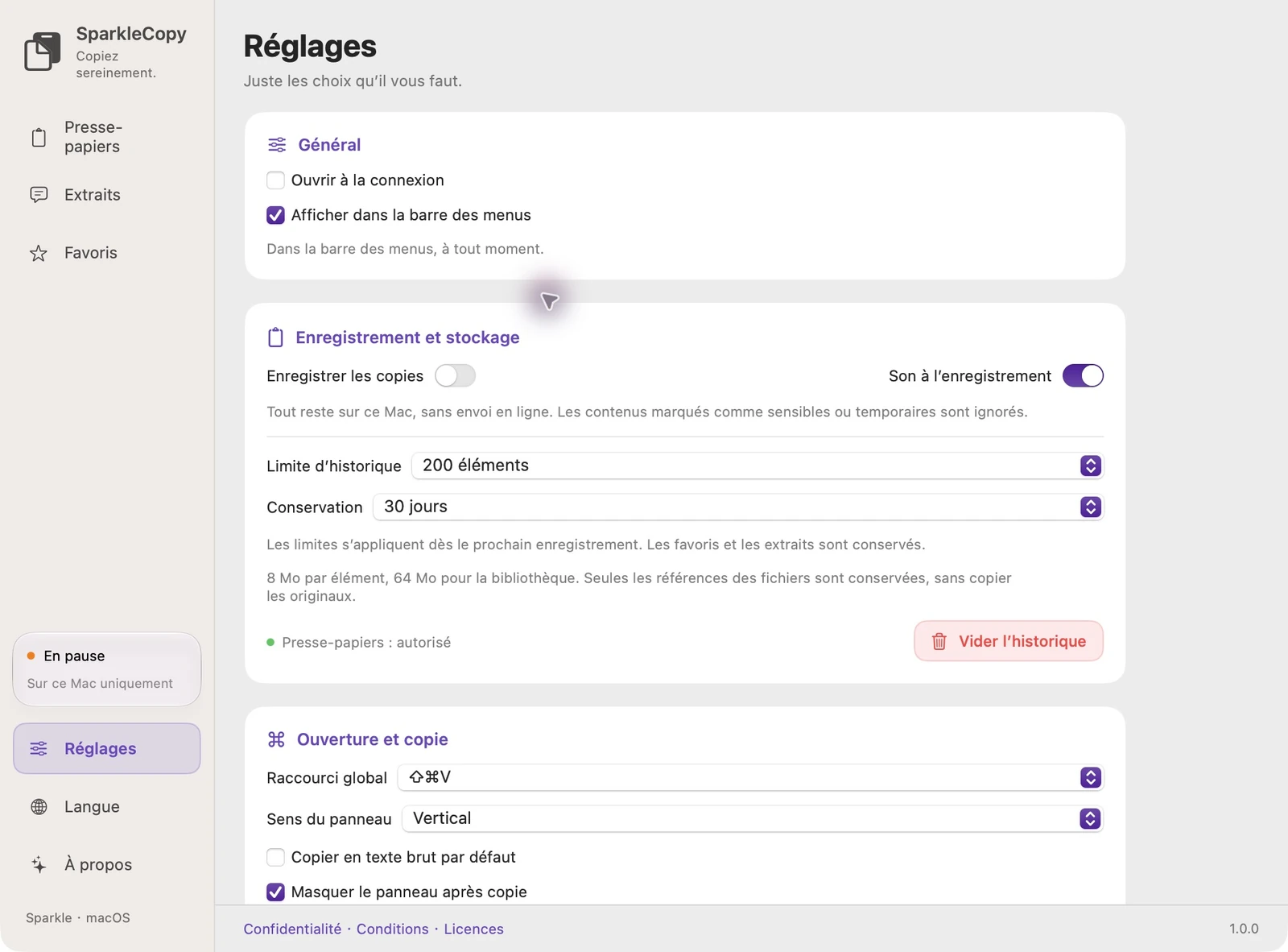 Zone de paramètres réels de l'application SparkleCopy avec état d'accès, commutateur d'enregistrement et contrôles de conservation de l'historique