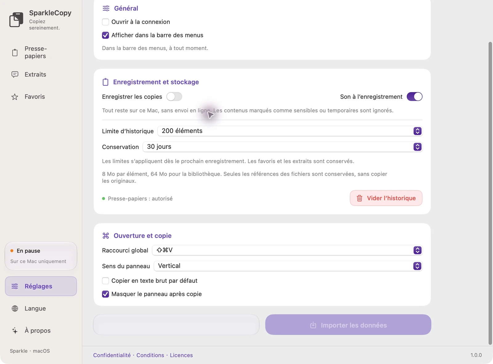 Paramètres SparkleCopy français réels avec boutons Exporter les données et Importer les données, en utilisant des données de démonstration isolées