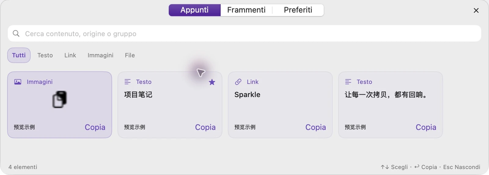 Pannello rapido orizzontale effettivo di SparkleCopy con tre categorie, pulsanti di ricerca, filtro tipo e copia sulle schede dimostrative