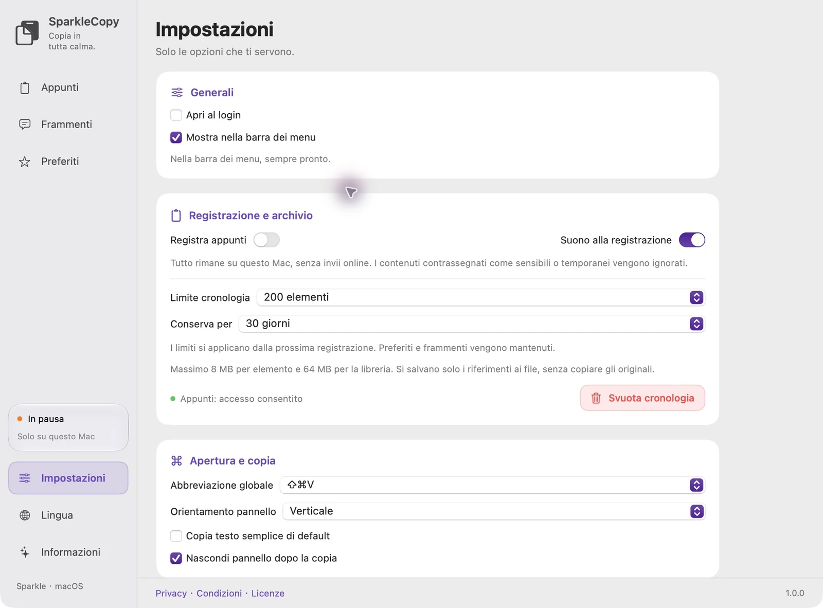 Area delle impostazioni effettive dell'app SparkleCopy con stato di accesso, interruttore di registrazione e controlli di conservazione della cronologia