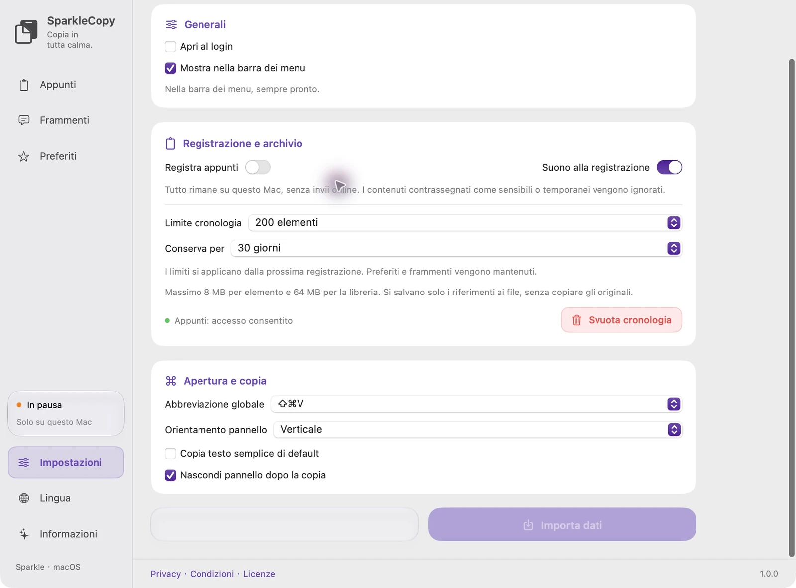 Impostazioni effettive di SparkleCopy in italiano con pulsanti Esporta dati e Importa dati, utilizzando dati dimostrativi isolati