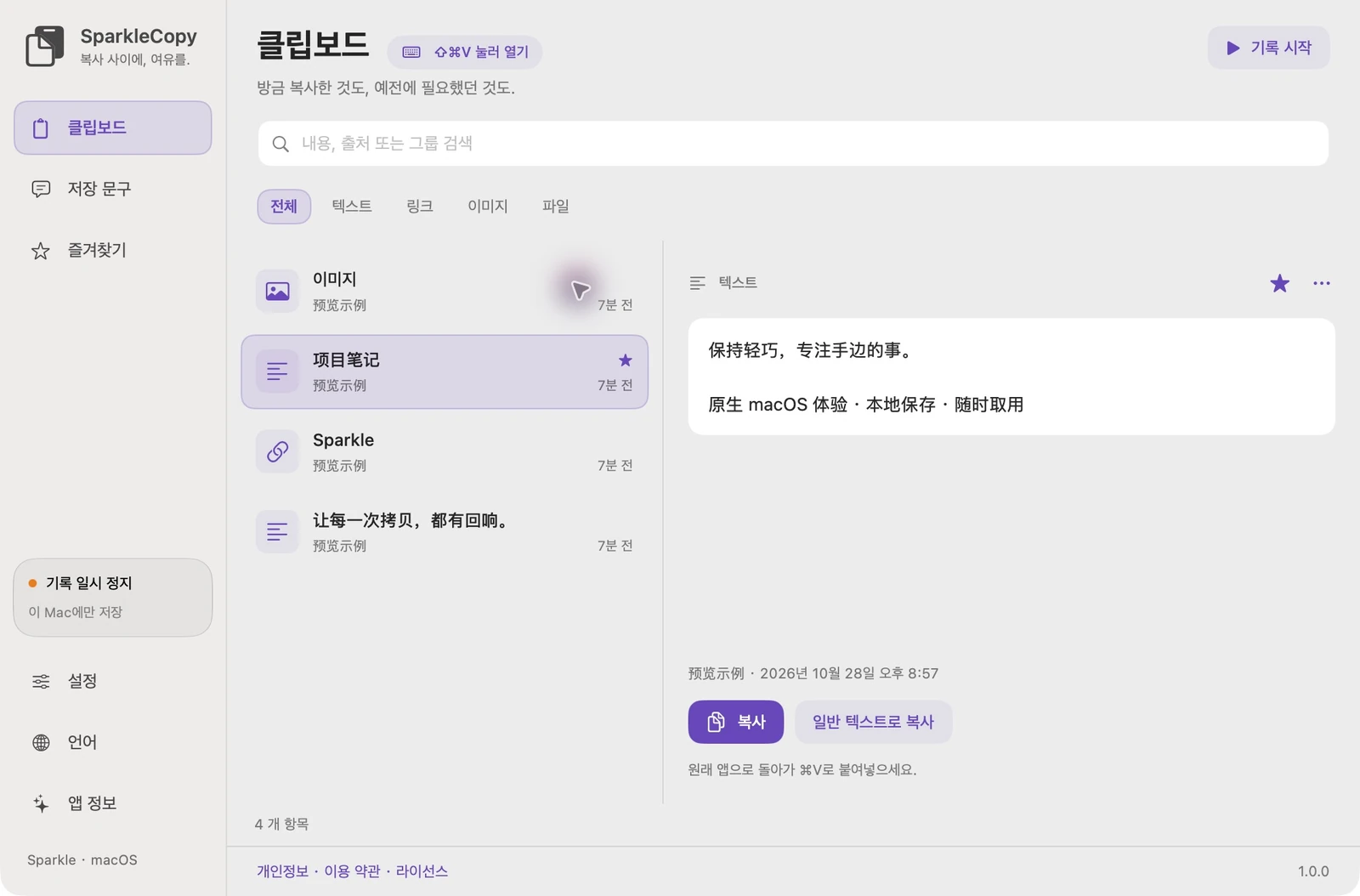 비공개 데모 텍스트 및 링크를 사용한 실제 SparkleCopy 기록 및 미리보기