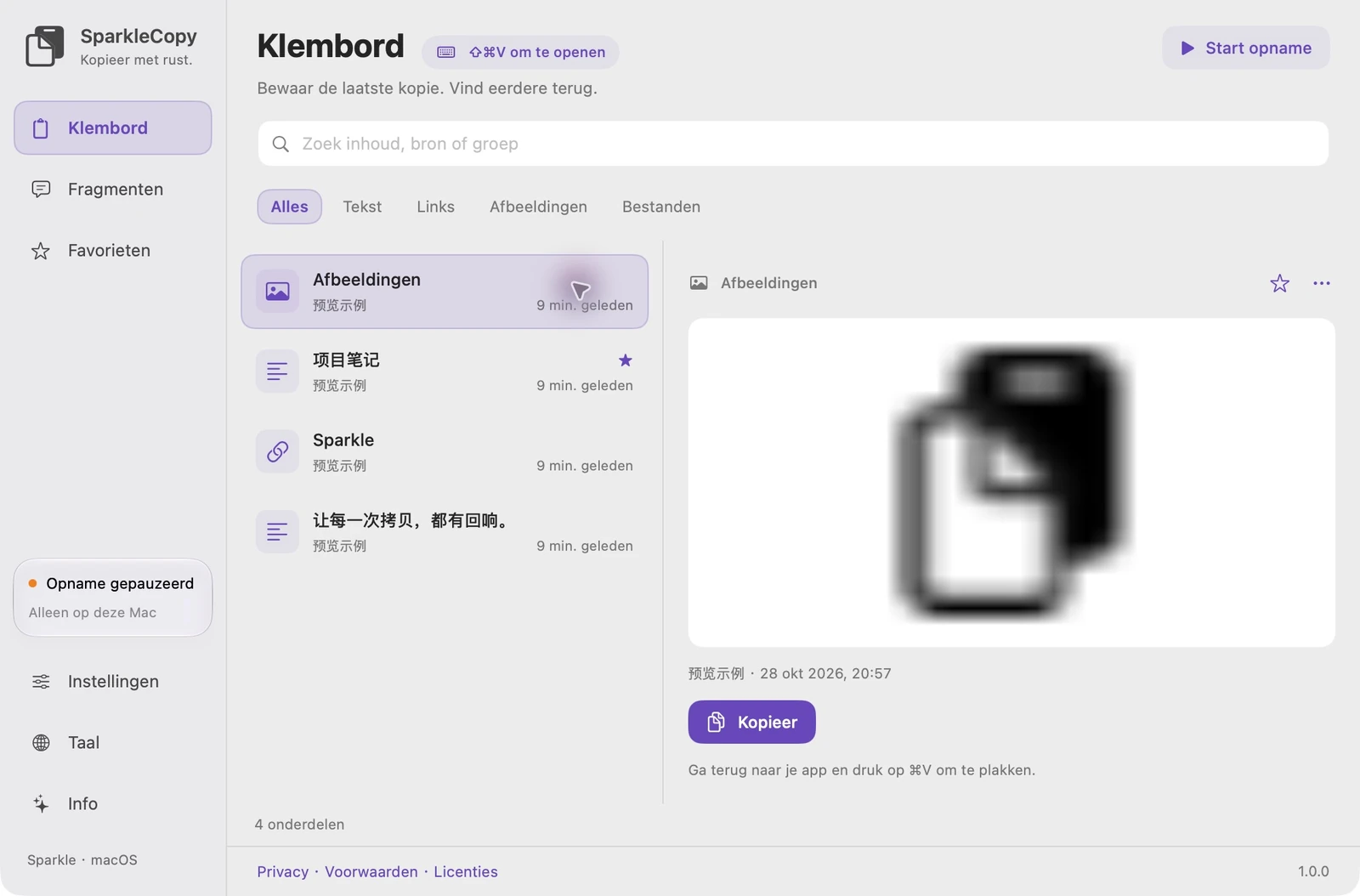 Werkelijk SparkleCopy-klembordgebied met demonstratie-items, typefilter, zoeken en voorbeeld