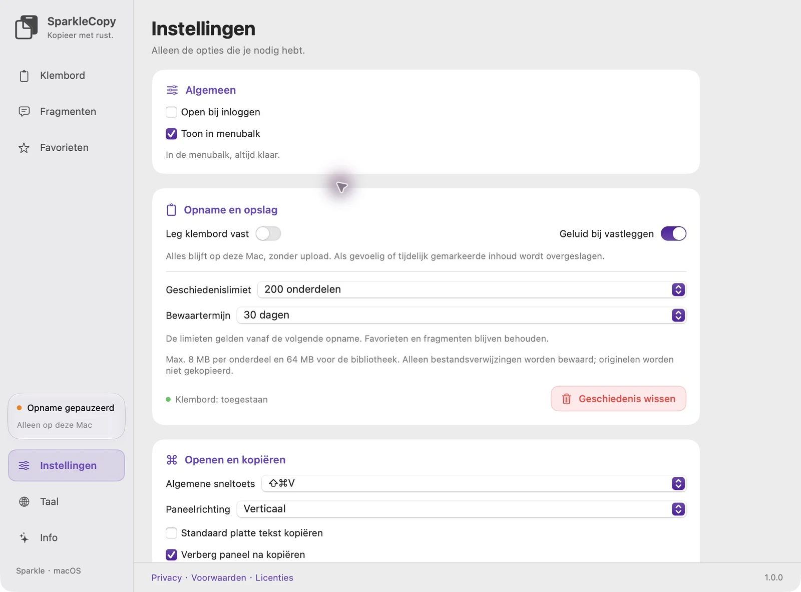 Werkelijk SparkleCopy-app-instellingengebied met toegangsstatus, registratieschakelaar en beheeropties voor het bewaren van geschiedenis