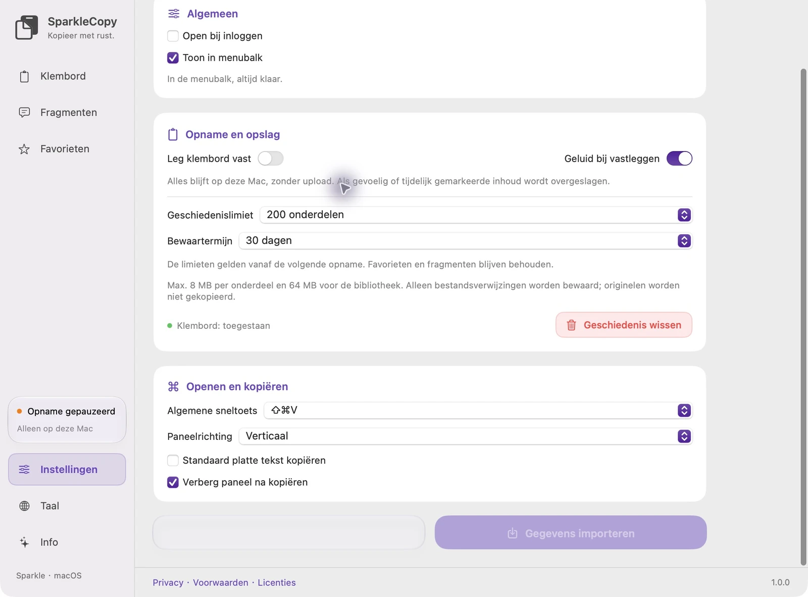 Werkelijke Nederlandse SparkleCopy-instellingen met knoppen voor het exporteren van gegevens en het importeren van gegevens, met behulp van geïsoleerde demonstratiegegevens