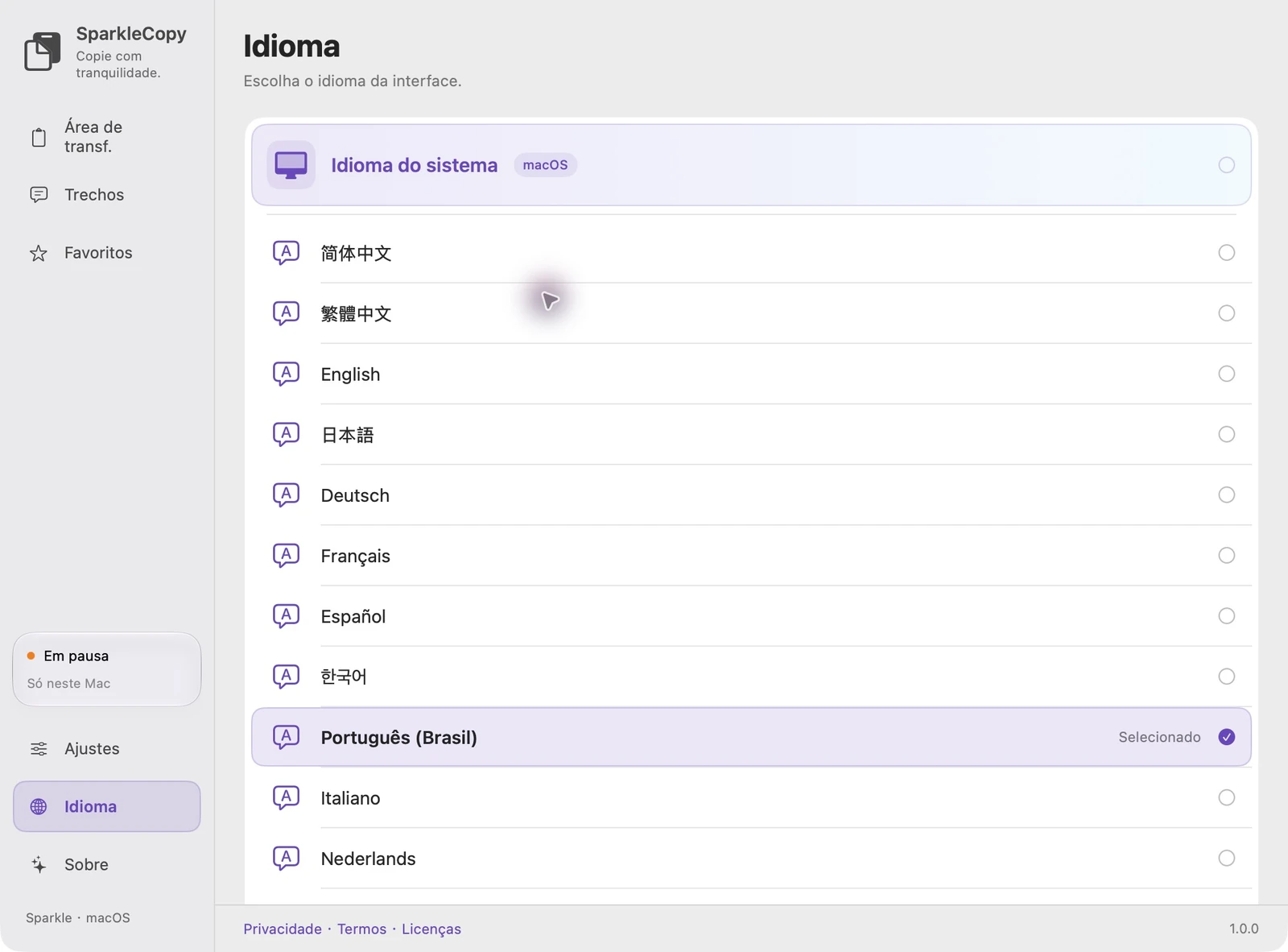 Configurações reais de idioma do SparkleCopy com Follow System e 12 idiomas de interface