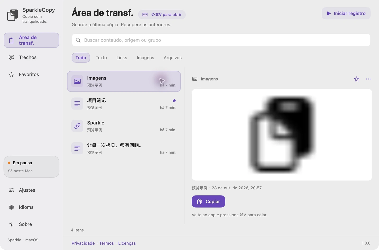 Área real da área de transferência do SparkleCopy com entradas de demonstração, filtro de tipo, pesquisa e visualização
