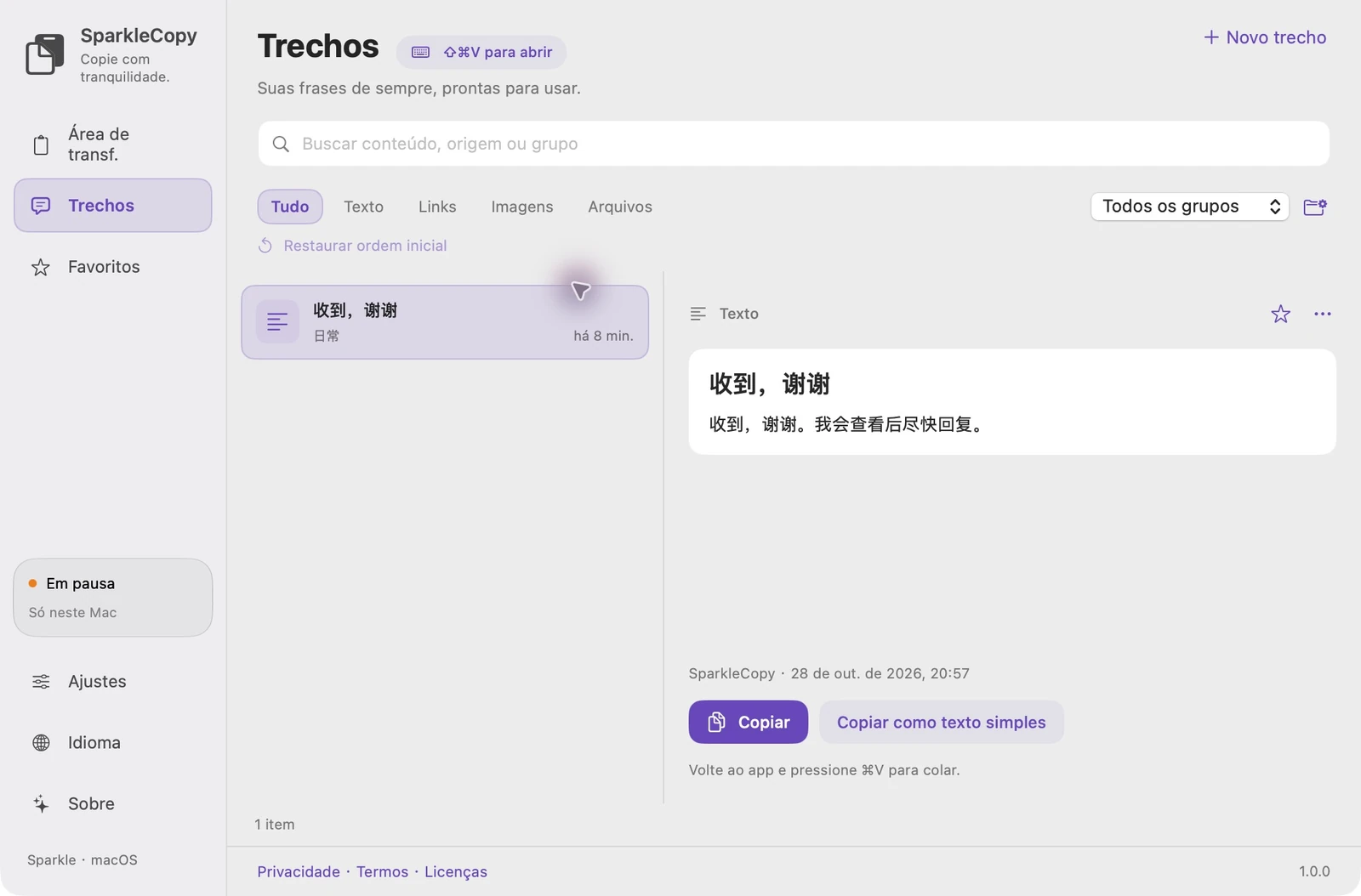 Área real de trechos do SparkleCopy com entradas de demonstração, seleção de grupo e visualização de itens