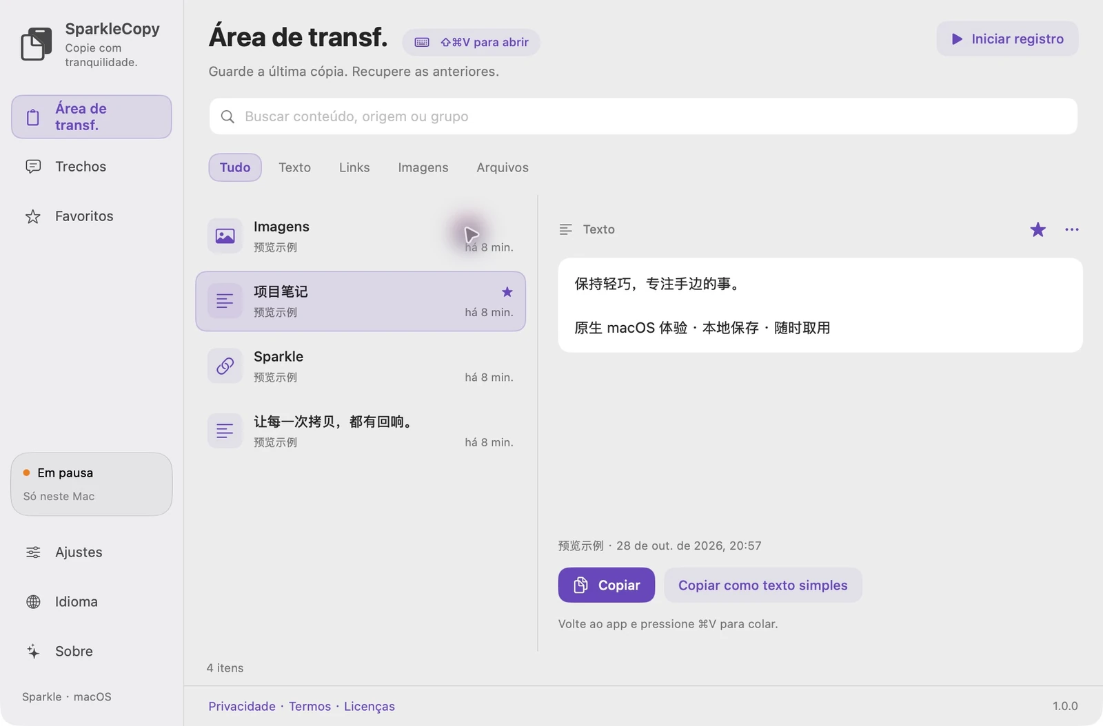 Histórico e visualização reais do SparkleCopy usando textos e links de demonstração não privados