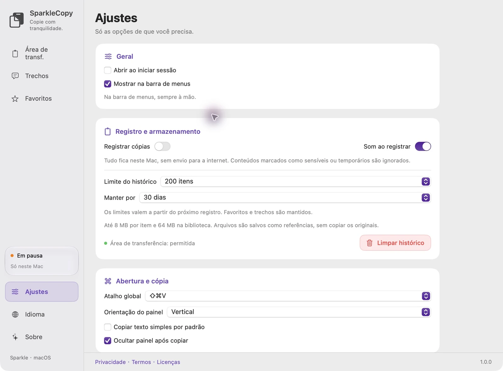 Área real de configurações do aplicativo SparkleCopy com estado de acesso, opção de registro e controles de retenção de histórico