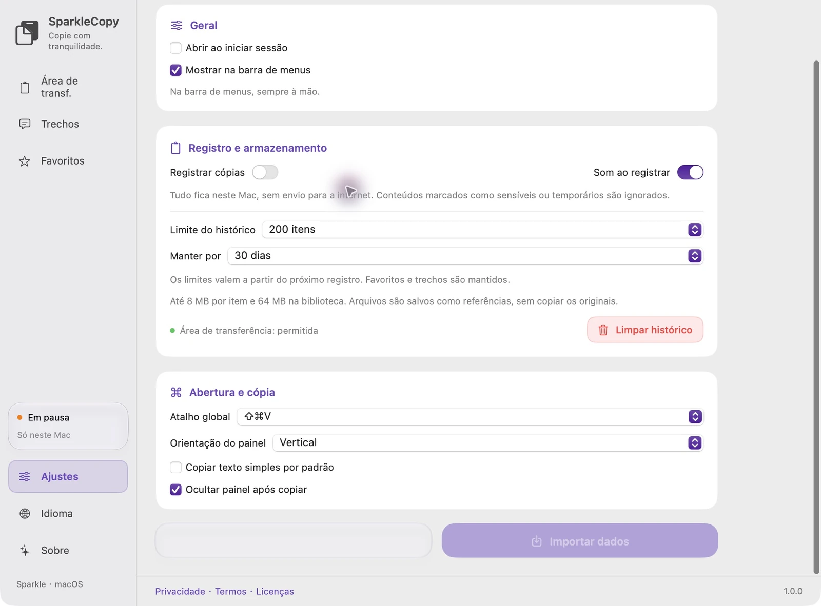 Configurações reais do SparkleCopy em português do Brasil com botões Exportar dados e Importar dados, usando dados de demonstração isolados