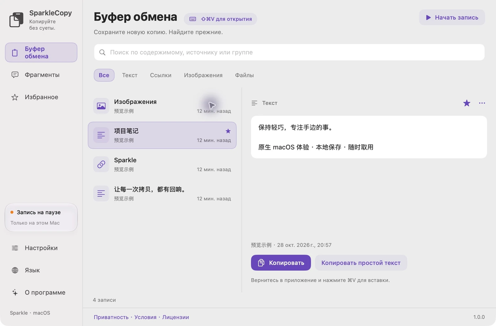 Фактическая история SparkleCopy и предварительный просмотр с использованием частного демонстрационного текста и ссылок.